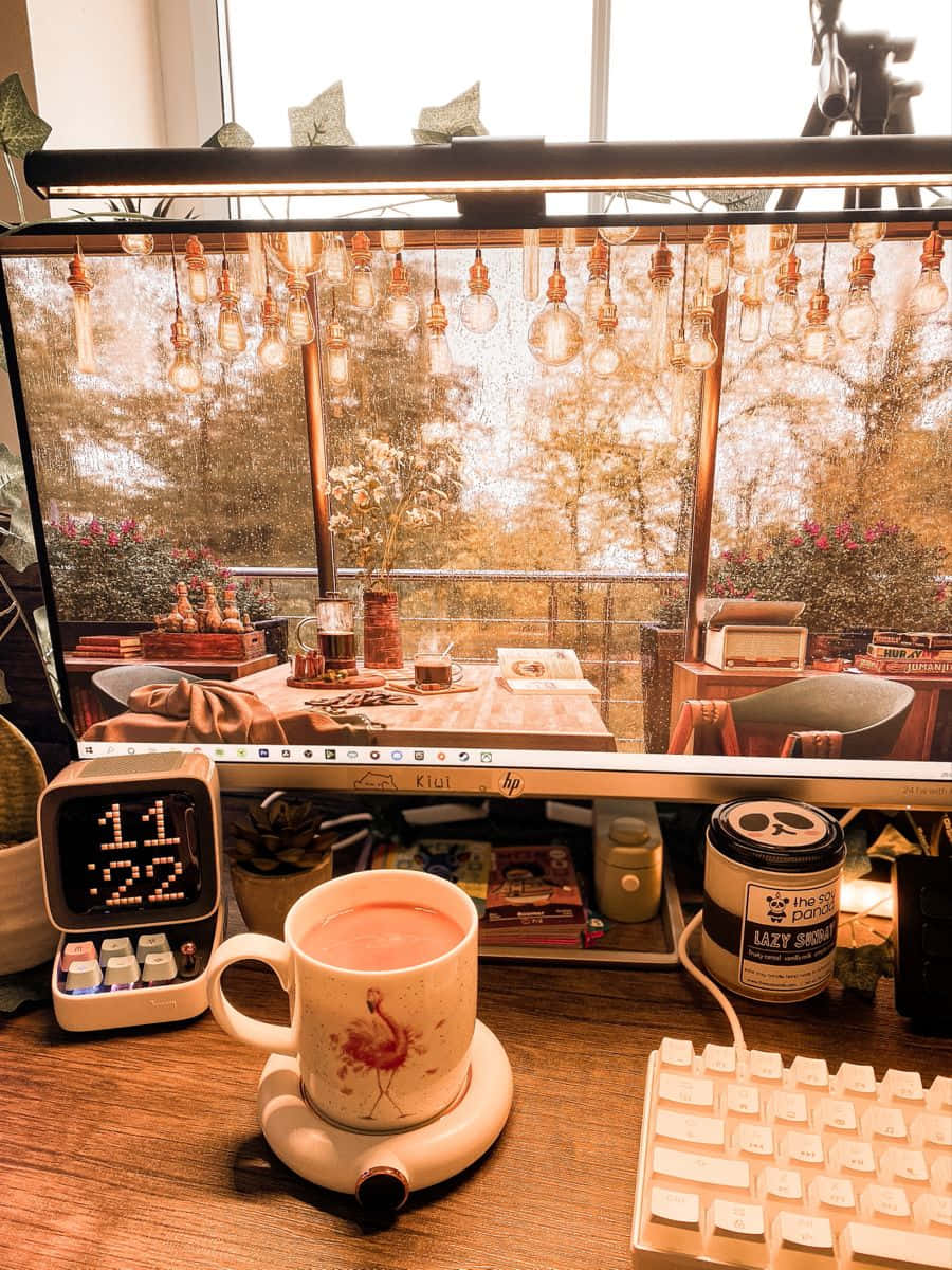 舒適的家庭辦公室，窗邊有咖啡杯和懸掛的燈泡，可欣賞秋樹景色。