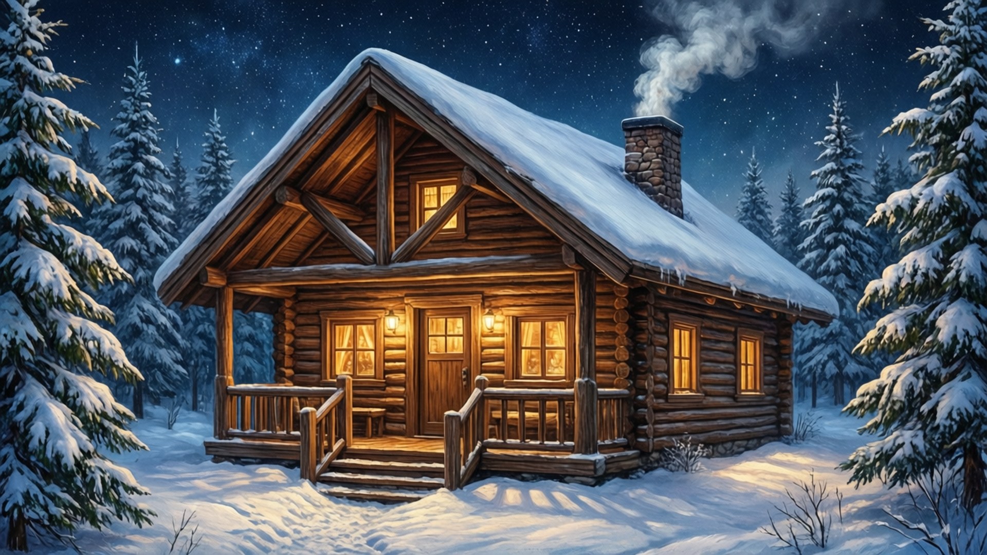 星空下雪地森林中溫暖燈光的舒適小屋