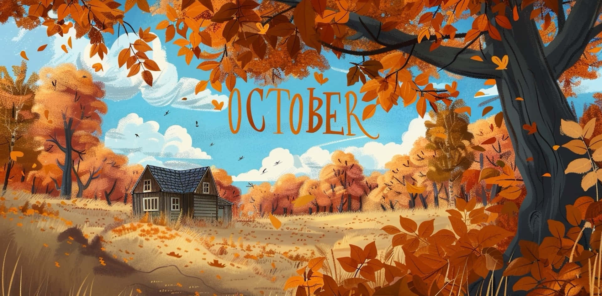 October Desktop 桌布 壁紙 — 一間舒適的木屋坐落在充滿活力的秋日森林中，落葉飄飄，天空湛藍。