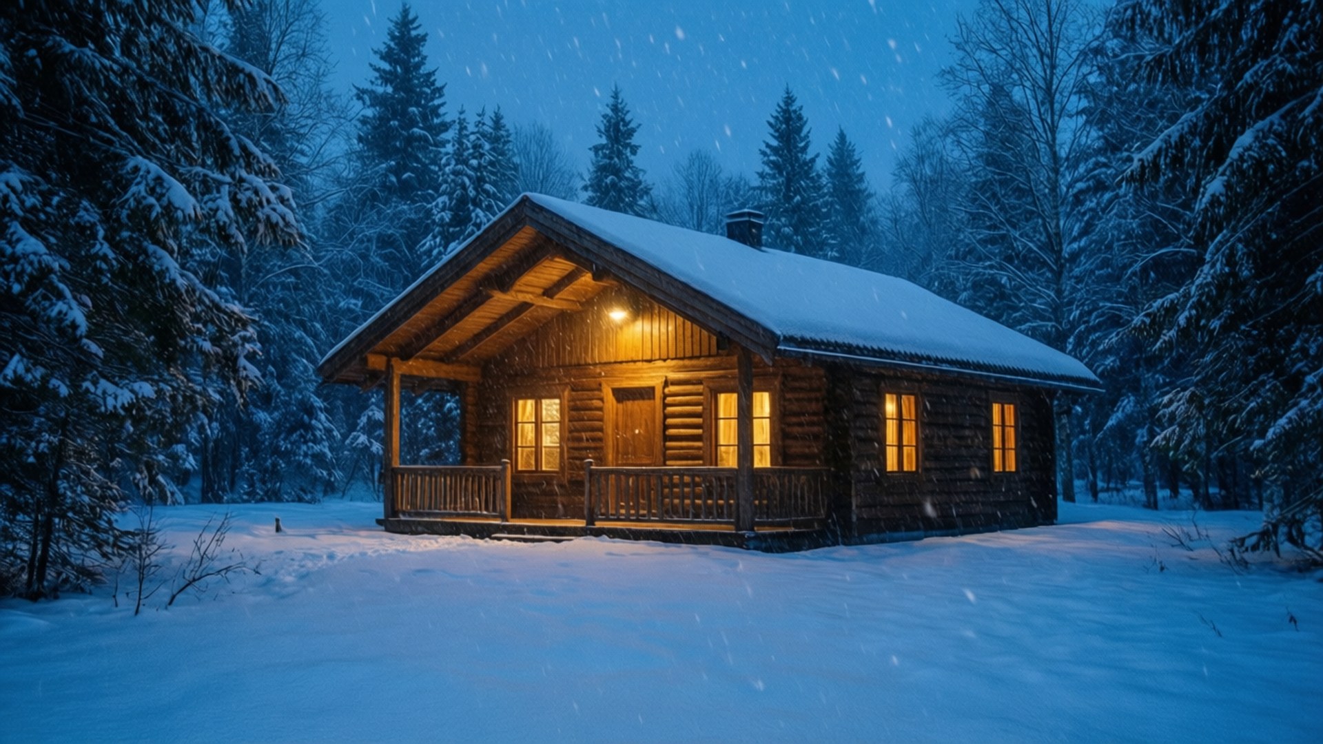 Twilight Cabin Serenity 壁紙 — 一間舒適的木屋在飄雪下溫暖地發光，坐落在寂靜冬日森林中積雪的松樹之間。
