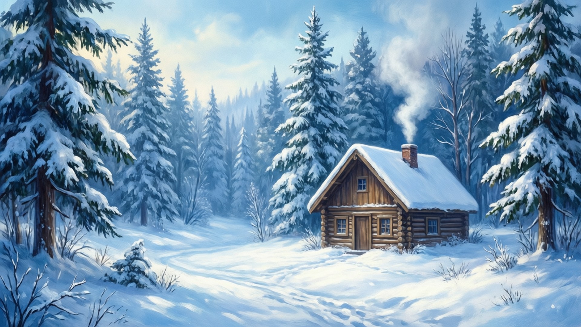 冬天的冬天 壁紙 — 一間舒適的木屋坐落在白雪覆蓋的松樹林中，煙囪冒出的煙霧在明亮的冬日天空下裊裊升起。