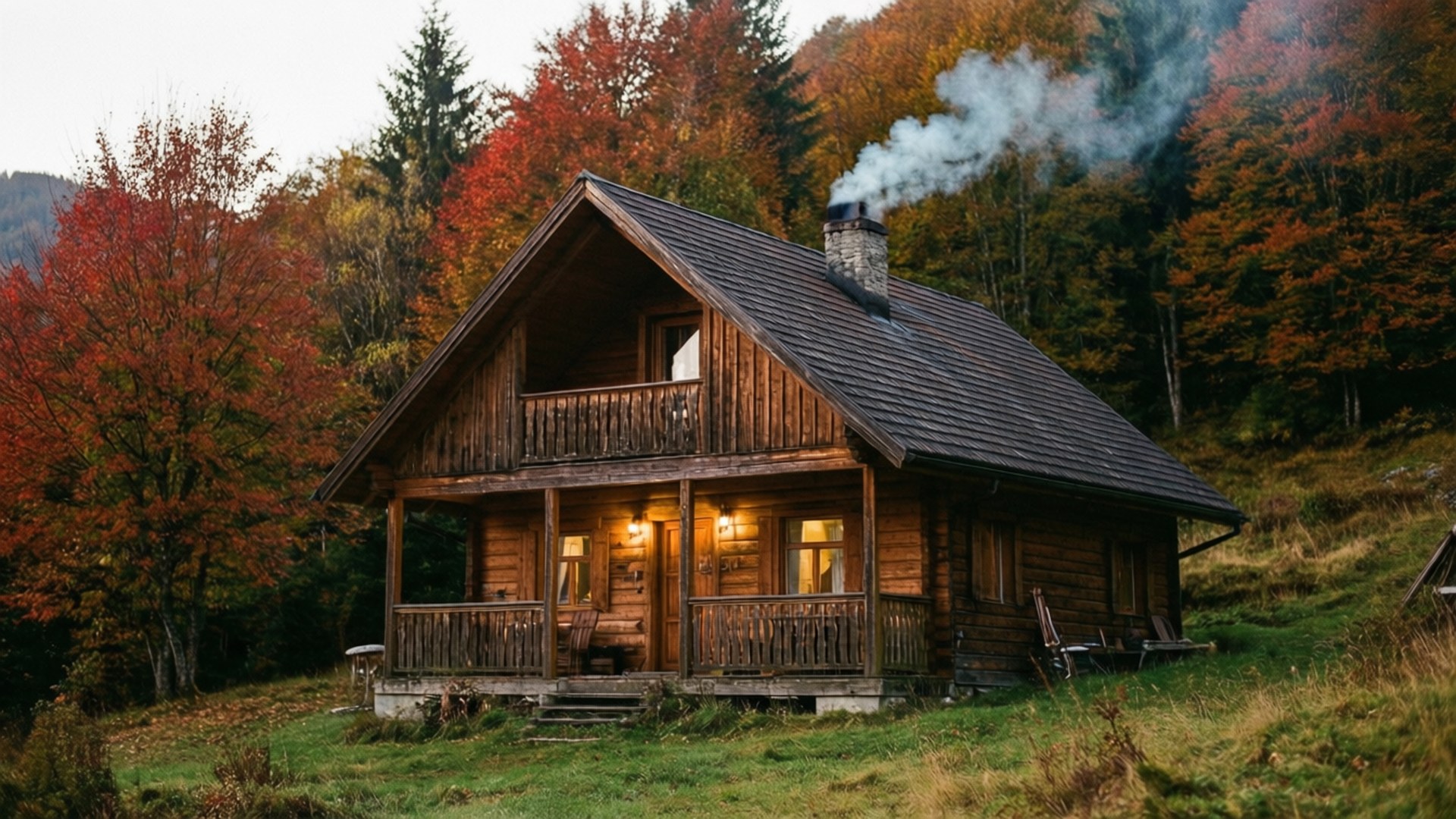 秋日樹林中的舒適木屋，煙囪炊煙和溫暖燈光。
