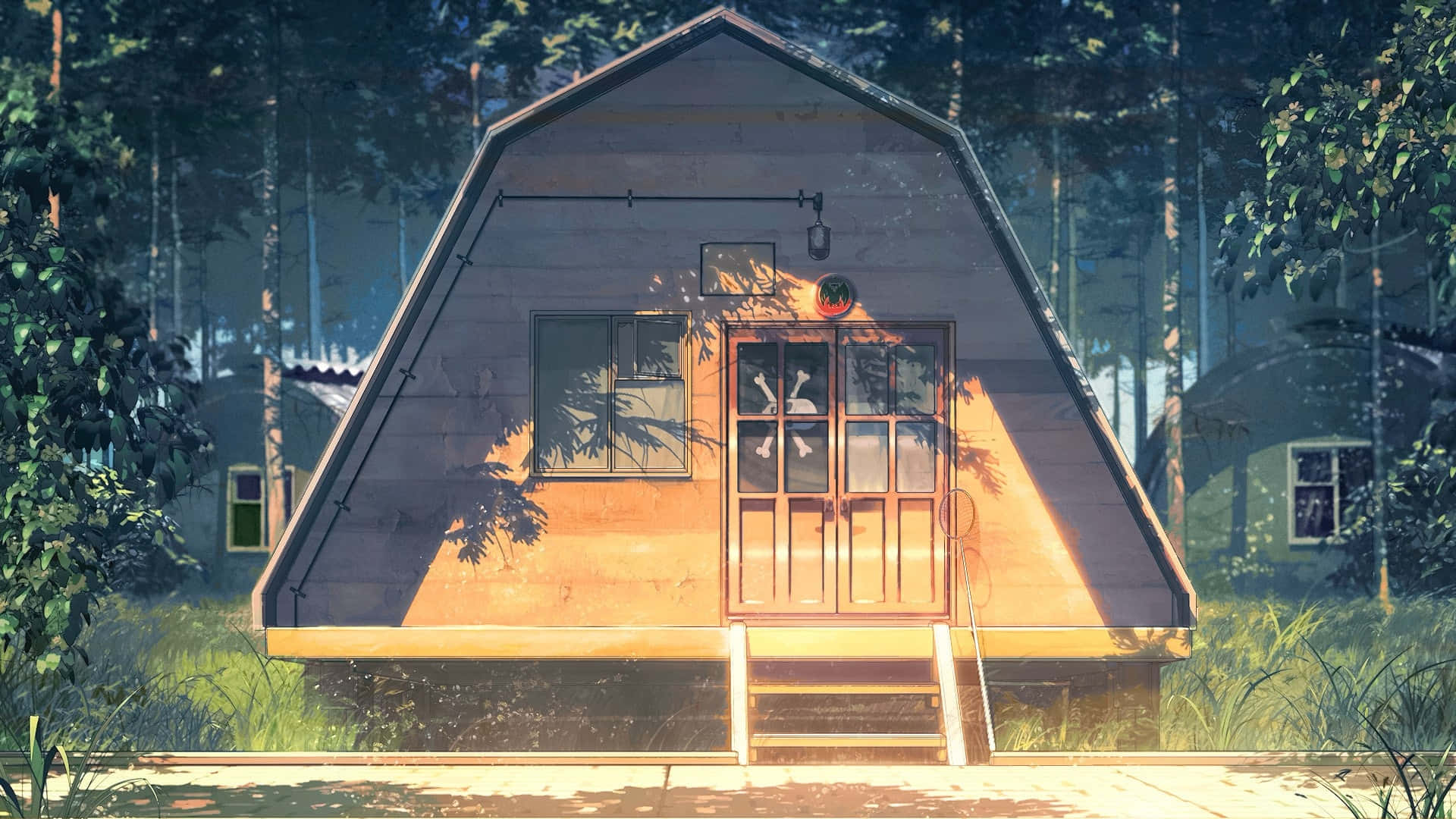  壁紙 — 一座舒適的木製A型小屋，坐落在陽光斑駁的森林中，柔和的金色光線穿過樹木。
