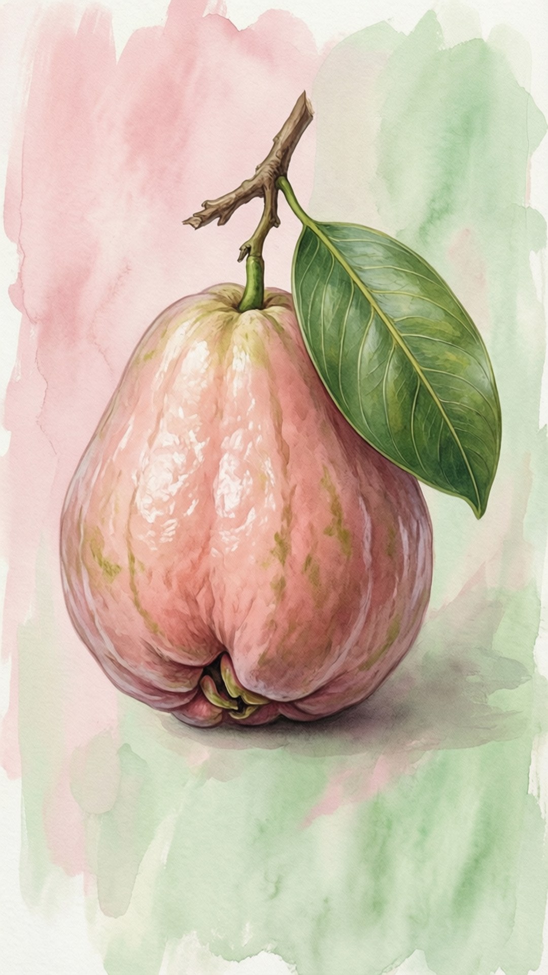 Mammee Apple Watercolor 壁紙 — 一幅水彩畫，描繪一個粉紅色的玫瑰蘋果，帶有綠色葉子和莖，背景是柔和的粉紅和綠色渲染。