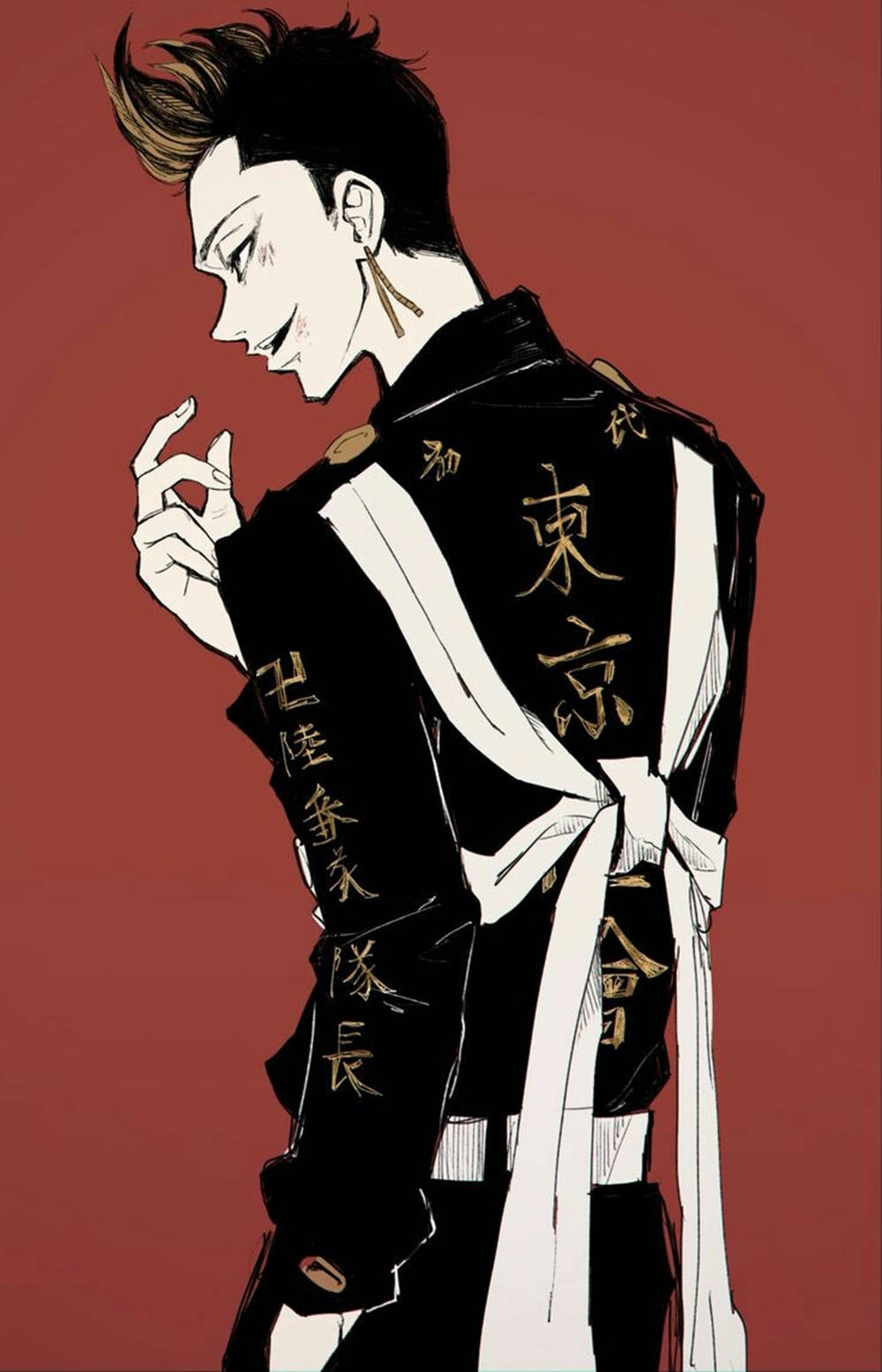 半田重衛身穿黑色服裝的栗色背景圖