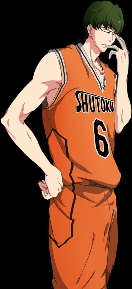 動畫籃球員Shutoku制服 壁紙 — 一個自信的動漫籃球運動員穿著橙色ShutoKu球衣6號，在黑色背景前單手叉腰擺姿勢。