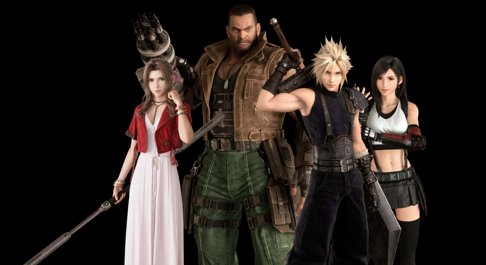  壁紙 — 四個標誌性的Final Fantasy VII角色在黑色背景前自信地擺姿勢，配備詳細的武器和獨特的服裝。