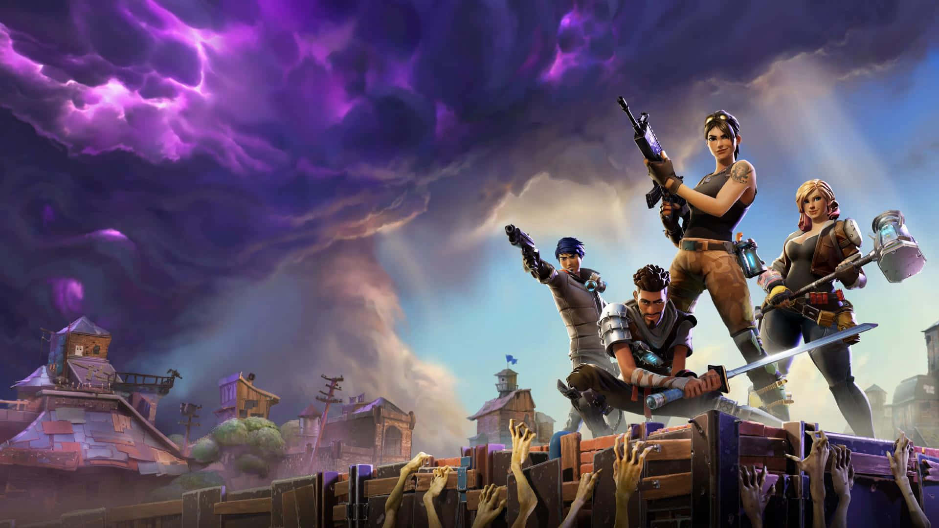  壁紙 — 四個 Fortnite 角色站在木箱上，喪屍的手從下方伸出，背景是暴風雨的紫色天空。
