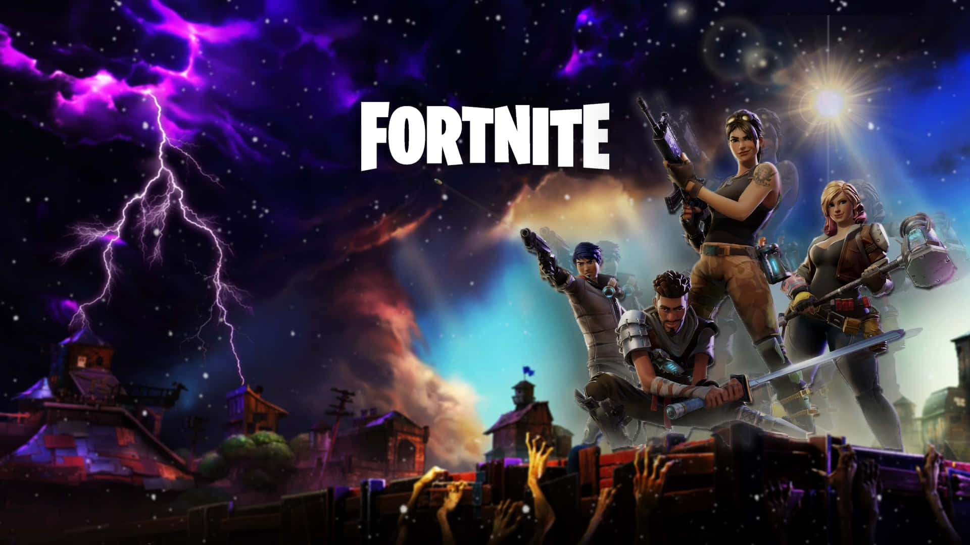  壁紙 — 四個 Fortnite 角色站在一座廢棄建築物的頂部，天空是暴風雨的紫色，有閃電和星星。