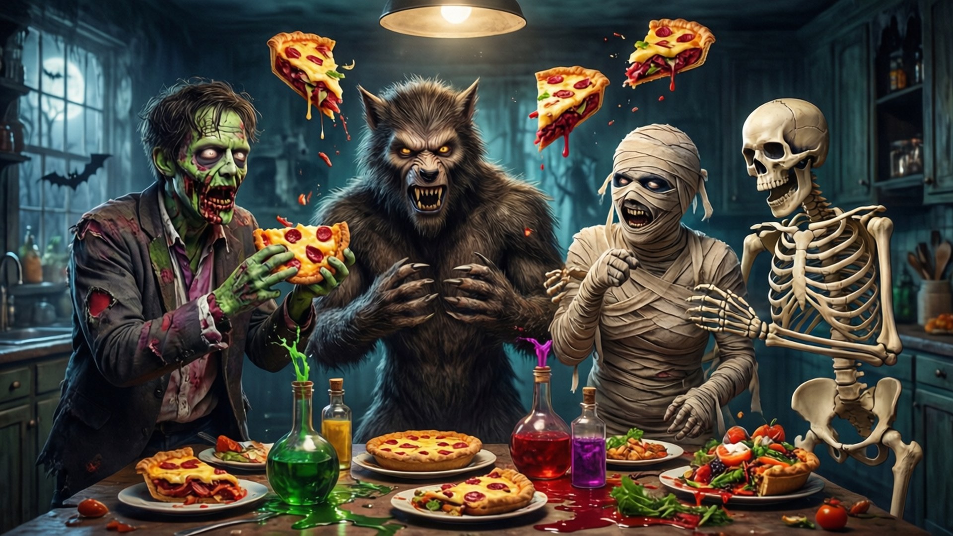 Halloween Friends 桌布 壁紙 — 四個不死生物在一個有漂浮薄餅片和發光飲品的恐怖廚房裡享用薄餅。