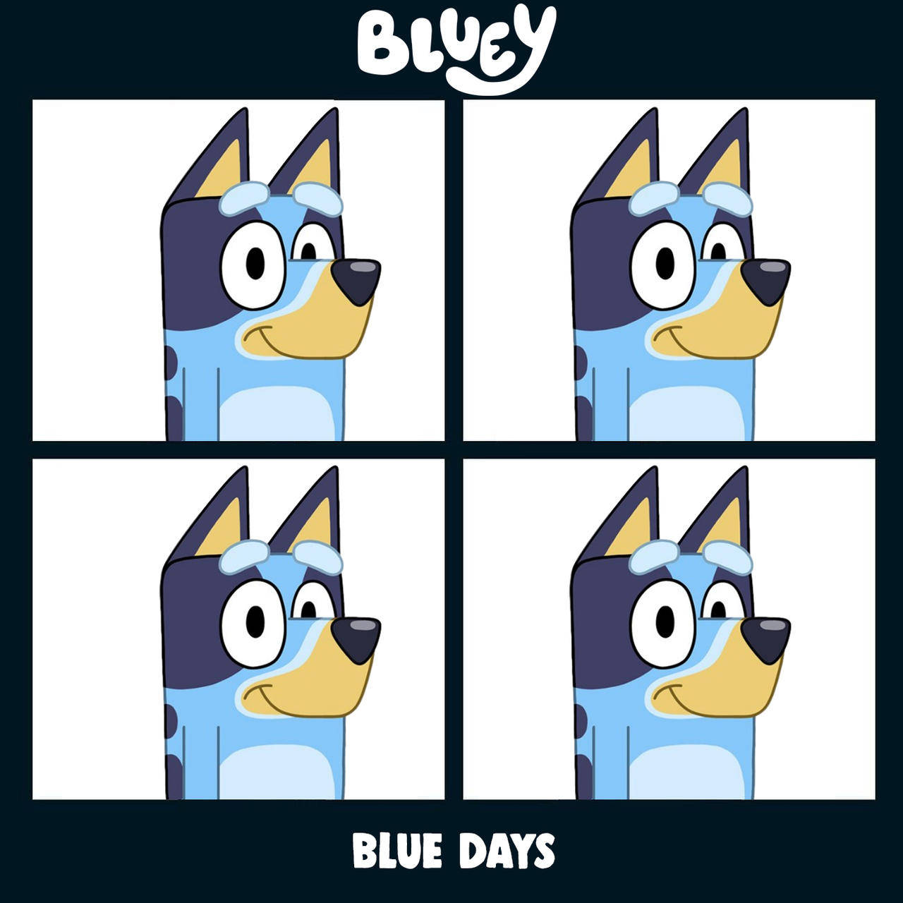藍色卡通狗 Bluey 喺四個相同嘅面板中帶有得意嘅表情。