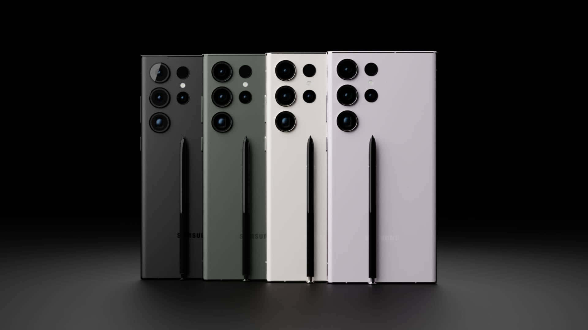 Samsung S23 Ultra 桌布 壁紙 — 四款時尚的Samsung智能手機，啞光黑、橄欖綠、白色和銀色，直立於深色漸變背景前。