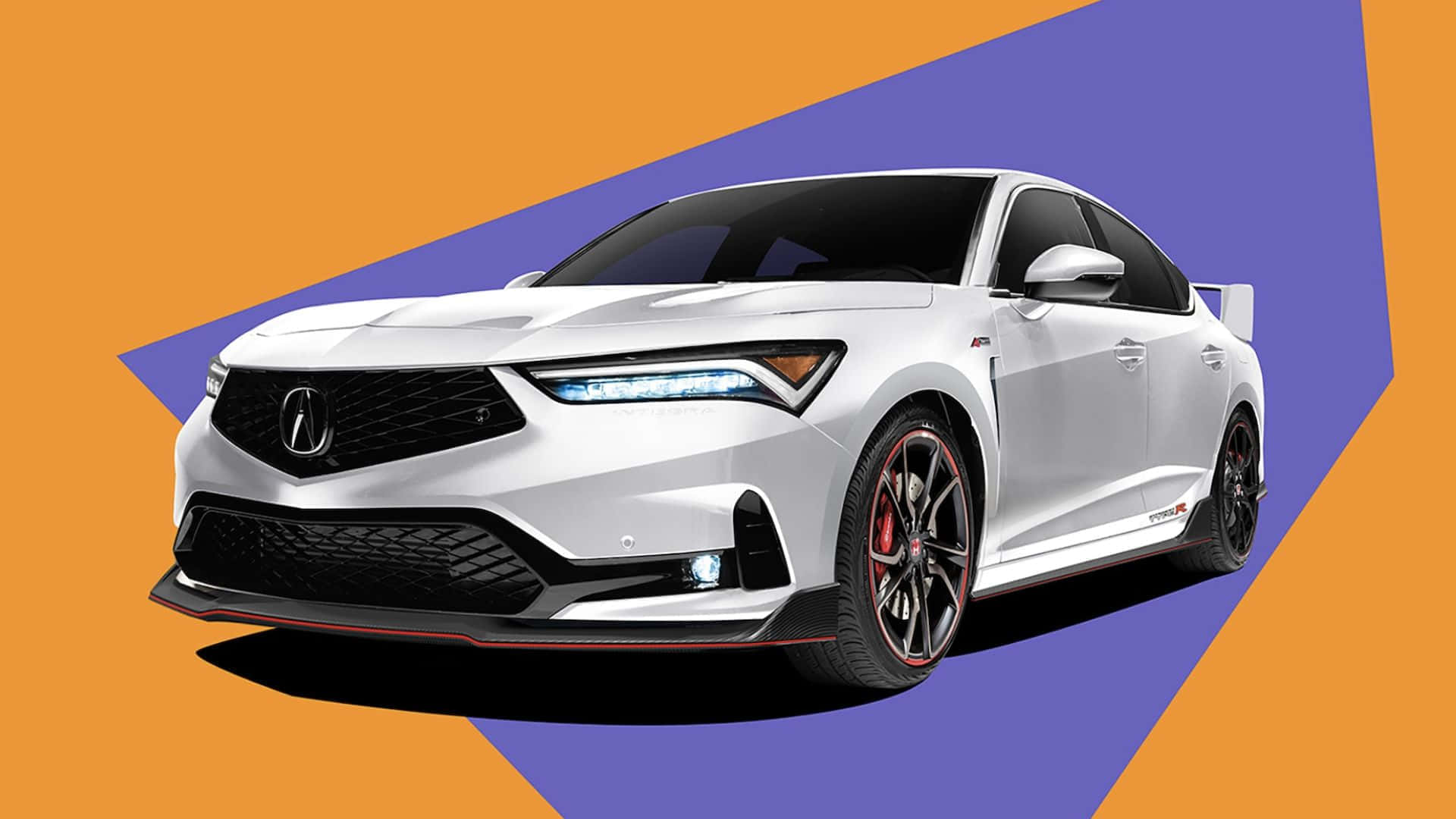  壁紙 — 一架時尚的白色Acura NSX跑車，帶有紅色點綴和黑色輪圈，在充滿活力的橙色和紫色幾何背景前大膽矗立。