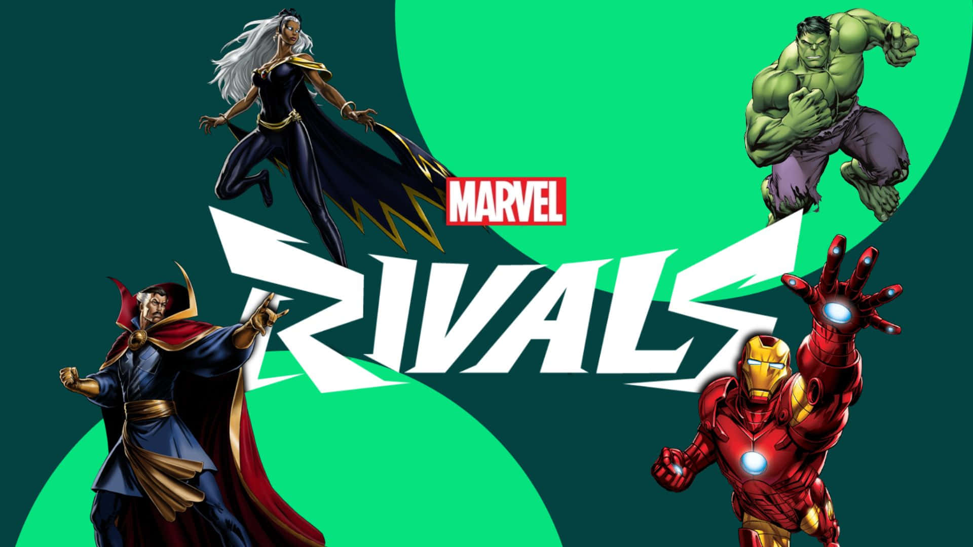 壁紙 — 四位漫威超級英雄以動感姿態圍繞一個粗體白色 'RIVALS' 標誌，背景為綠色漸變。