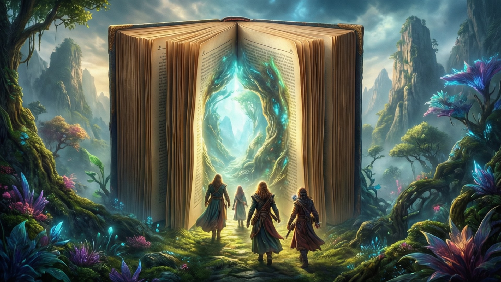 Portal of Stories 壁紙 — 四位冒險者走向神秘森林中一本巨大打開的書內的發光傳送門。