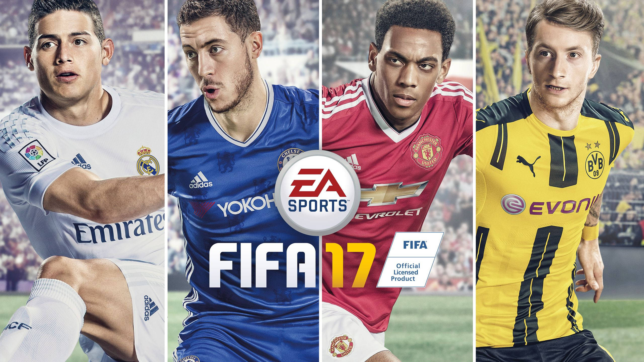 FIFA 17封面 featuring 四位身穿球隊裝備的職業足球員。