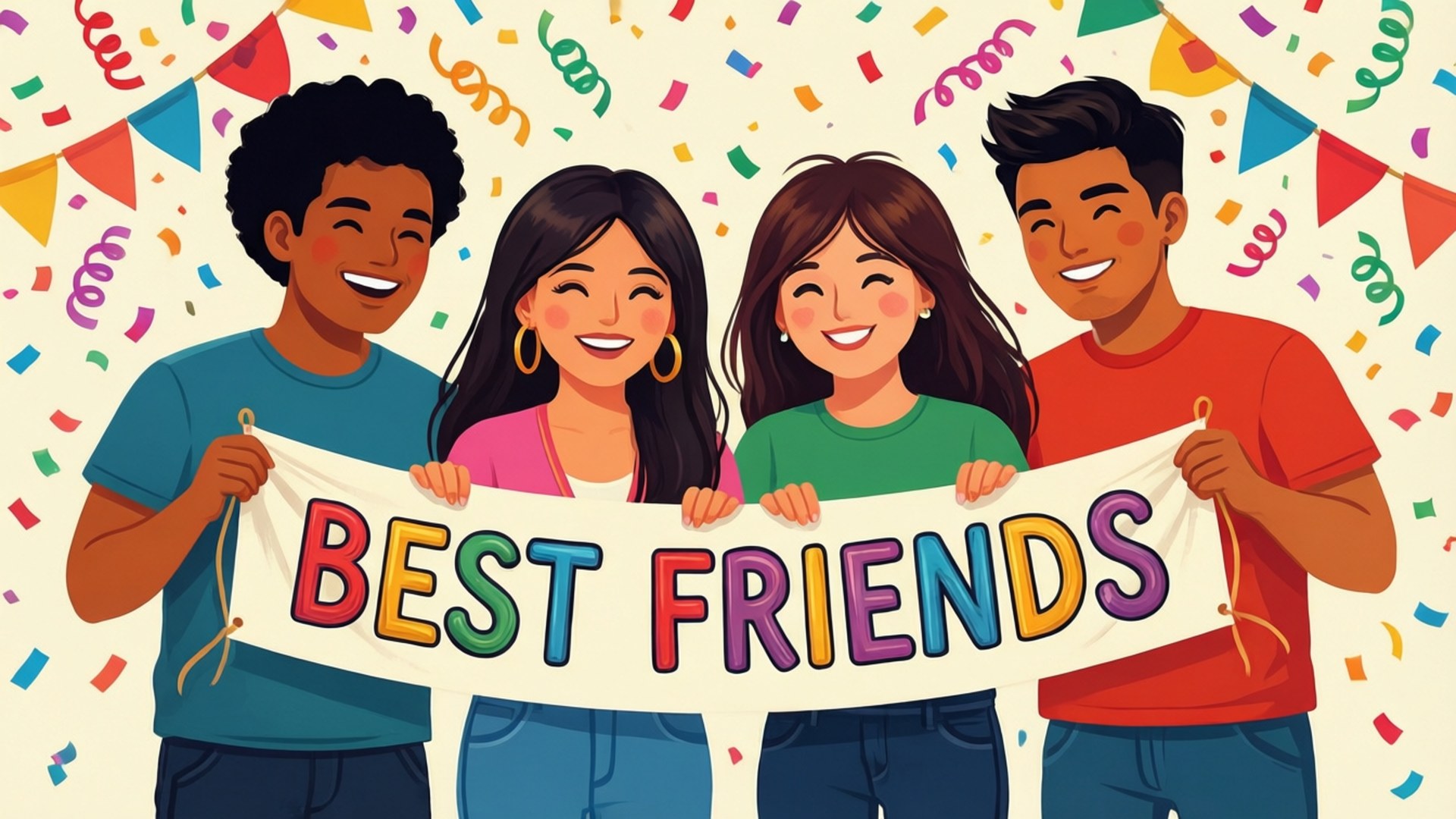 四位不同的朋友微笑著，舉著「BEST FRIENDS」橫幅，周圍有五彩紙屑飄落。