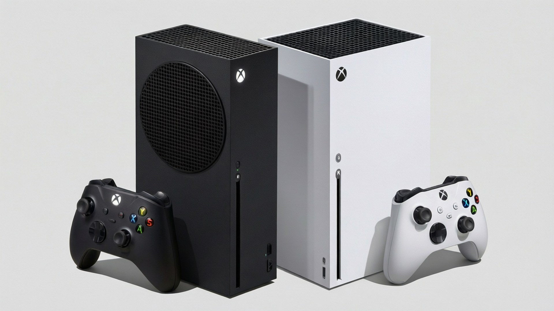 淺灰色背景上的黑色和白色Xbox Series X主機及控制器。
