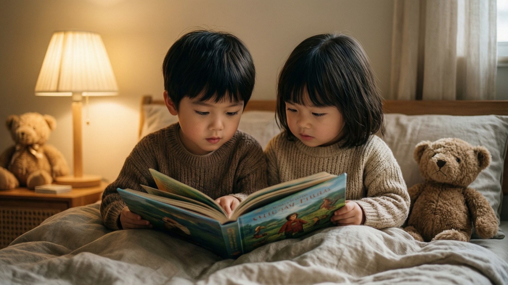 兩個孩子在床上閱讀一本書，旁邊有泰迪熊和一盞燈。