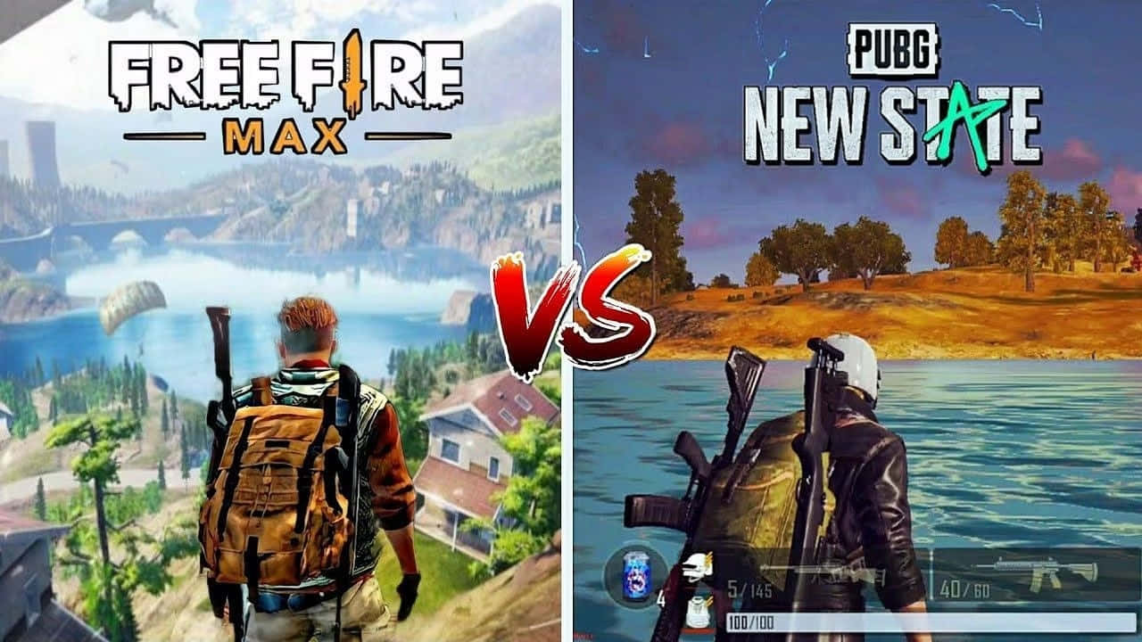  壁紙 — Free Fire Max 和 PUBG New State 遊戲場景的並排比較，顯示武裝玩家俯瞰水面並帶有 UI 元素。