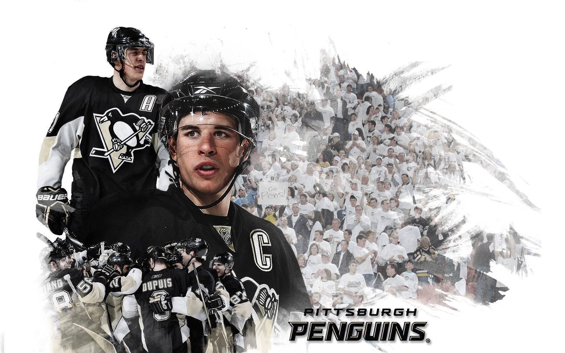 Sidney Crosby 冰球玩家夢幻修圖 壁紙 — 兩名身穿黑色球衣的匹茲堡企鵝冰球選手，站在一群身穿白色衣服的動感球迷面前。