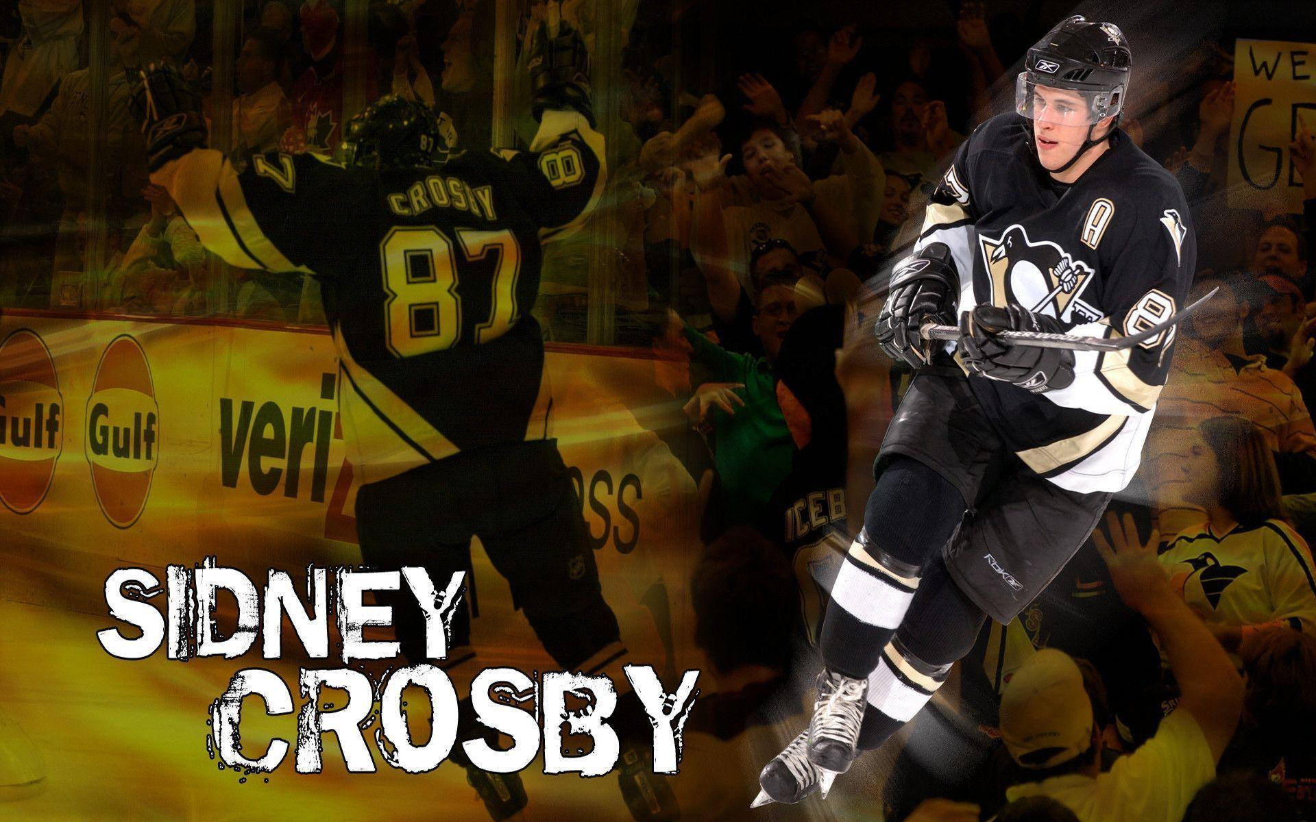 Sidney Crosby 冰球海報：名字旁邊標註 壁紙 — 冰球巨星 Sidney Crosby 在明亮的體育場燈光下，於座無虛席的場館內與球迷一同慶祝入球。
