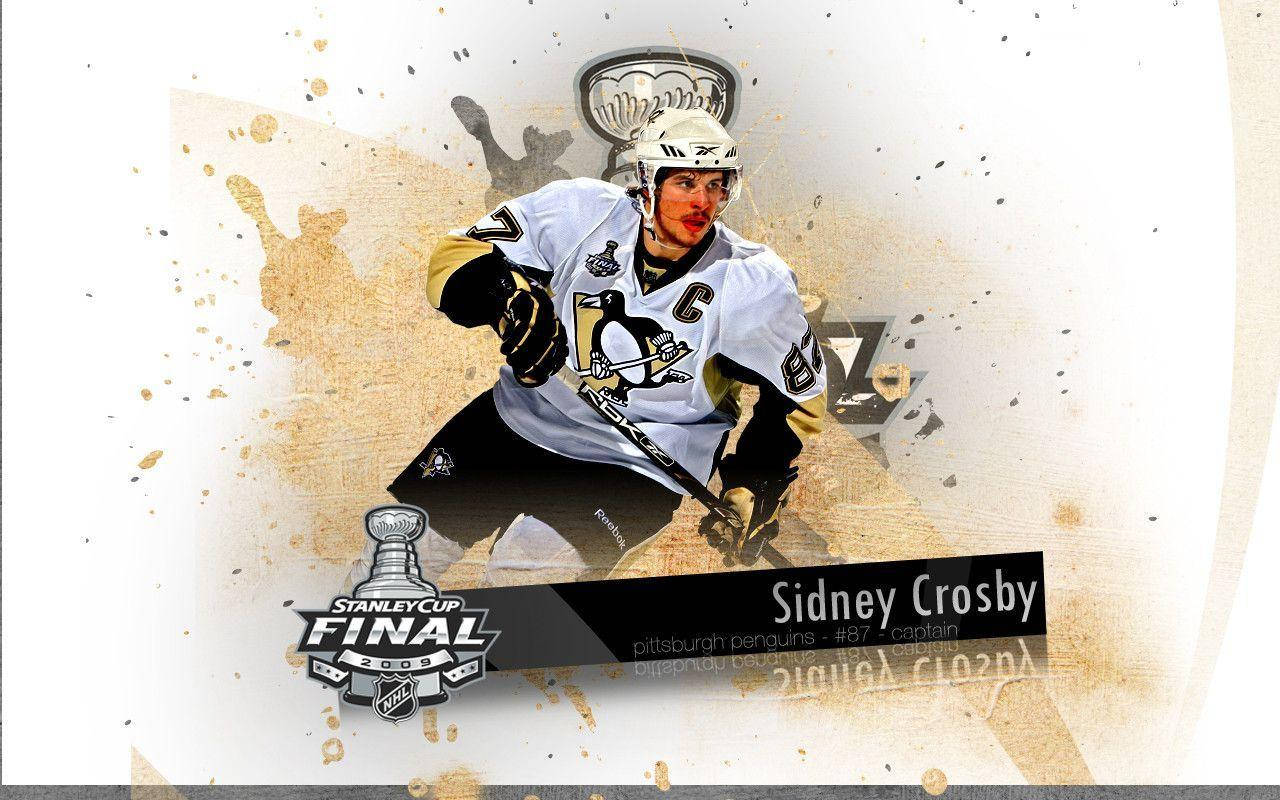 Sidney Crosby 數位藝術：NFL風棕色背景 壁紙 — 冰球運動員 Sidney Crosby 穿著匹茲堡企鵝隊裝備，準備溜冰，並帶有史丹利盃決賽 2009 圖形疊加效果。