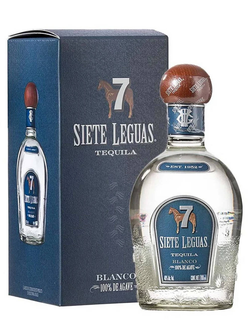 一瓶裝在藍色盒中的Siete Leguas Blanco龍舌蘭酒 壁紙 — 一個透明嘅Siete Leguas Blanco龍舌蘭酒瓶，配有木塞，旁邊係佢深藍色嘅品牌盒，上面有馬嘅標誌。