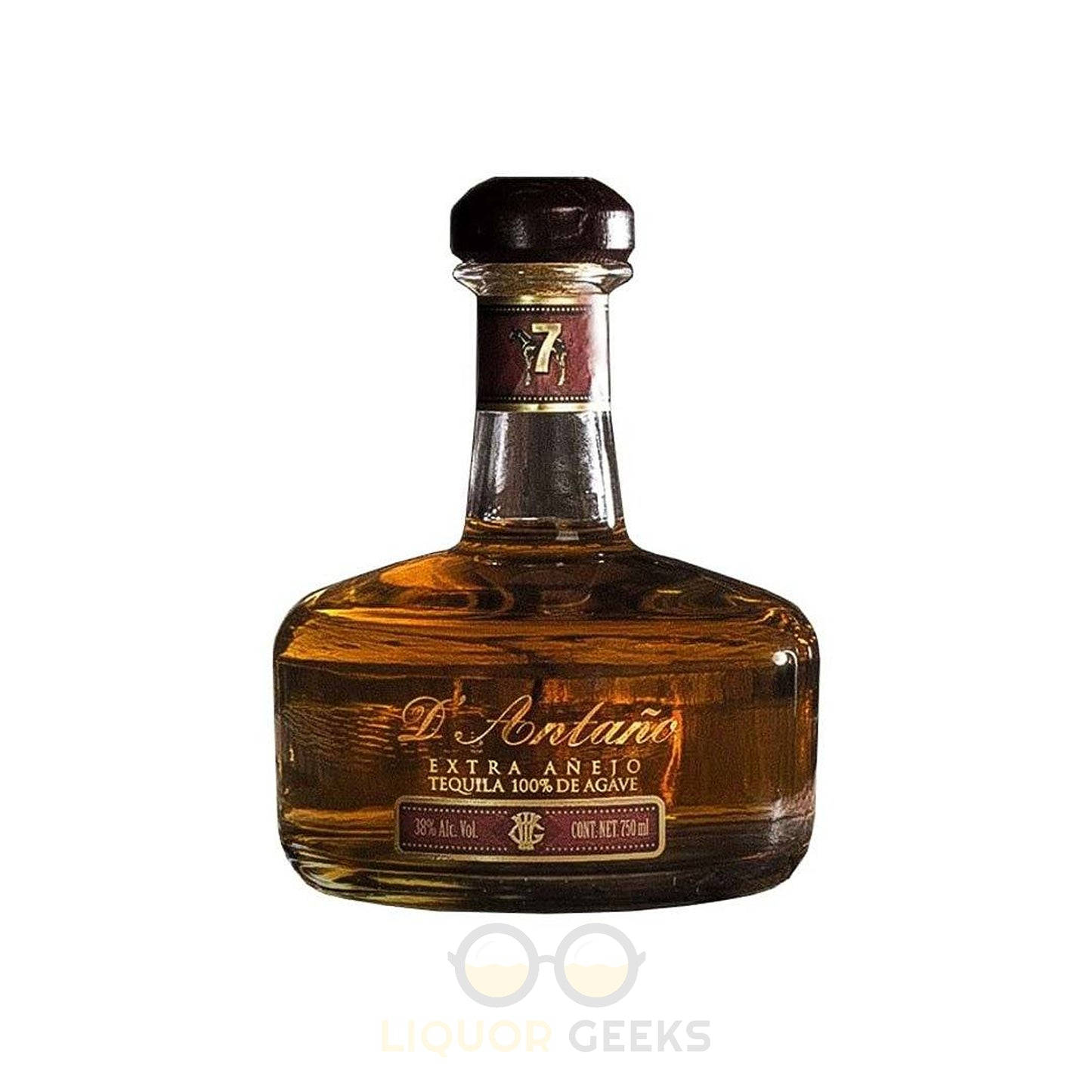 一瓶D Antaño Extra Añejo龍舌蘭酒，帶有琥珀色液體和深色瓶蓋。