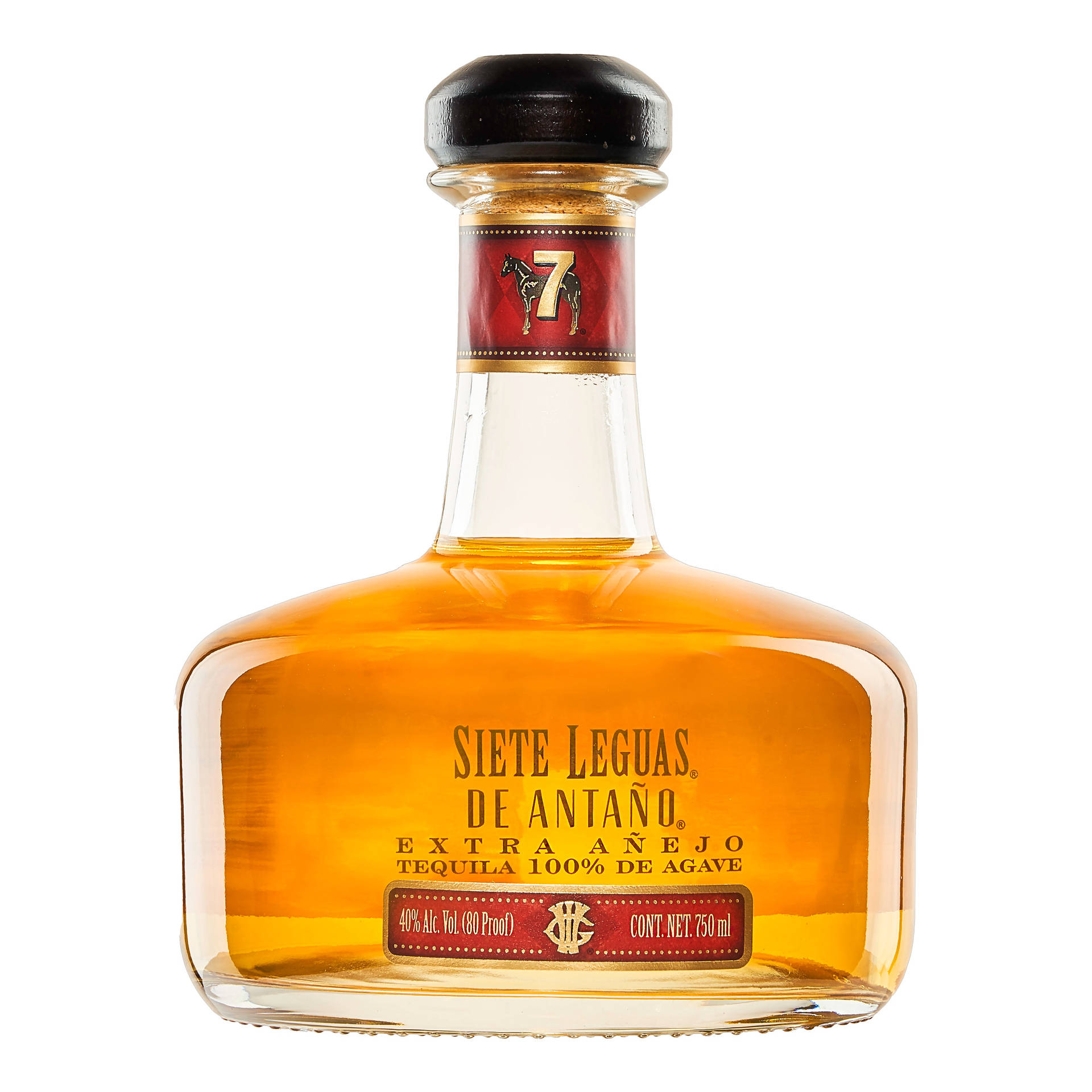 一瓶Siete Leguas de Antano Extra Añejo龍舌蘭酒，帶有紅色標籤和琥珀色液體。