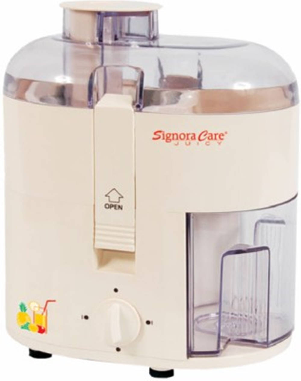 Signora Care榨汁機 壁紙 — 米色Signora Care榨汁機，帶透明塑膠部件和旋轉撥盤，背景為白色。
