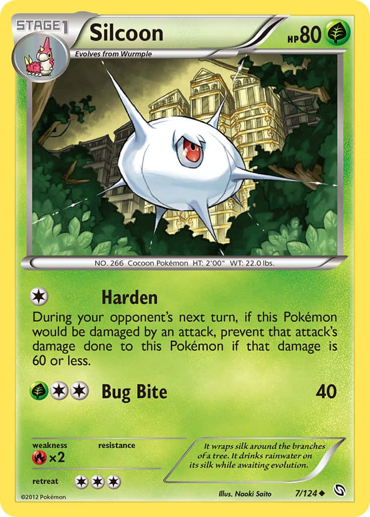 Silcoon卡牌城堡與葉子 壁紙 — 一隻白色繭狀的Silcoon Pokémon，紅色眼睛，在金色建築物前的綠色樹葉中飄浮。
