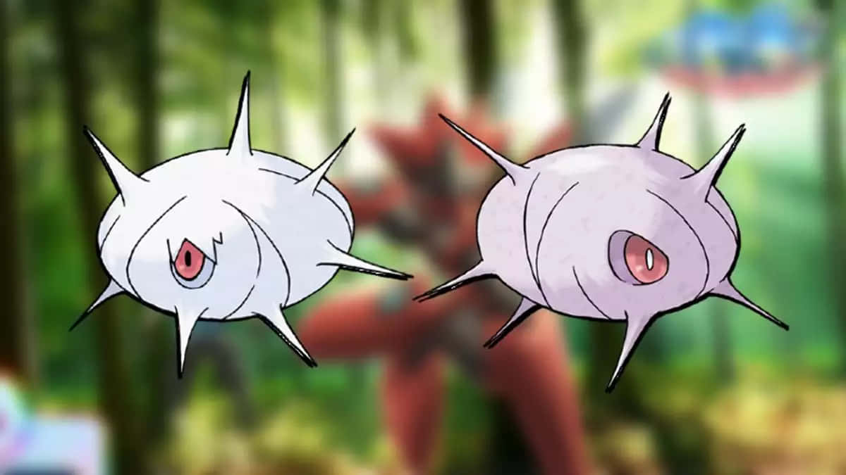 Silcoon與Cascoon模糊背景 壁紙 — 兩隻白色尖刺嘅Pokémon有紅色眼睛，漂浮喺模糊嘅森林背景中。