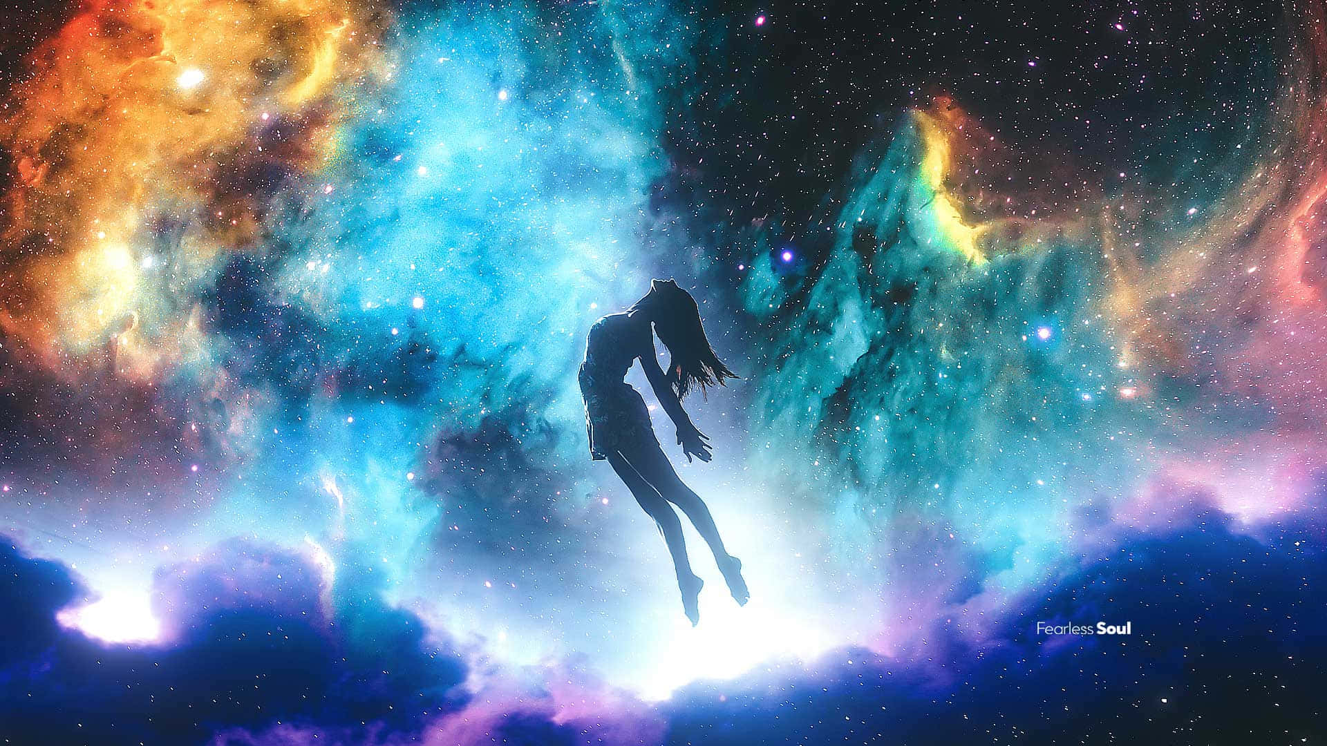 一個女人的剪影漂浮在充滿星星的多彩宇宙星雲中。