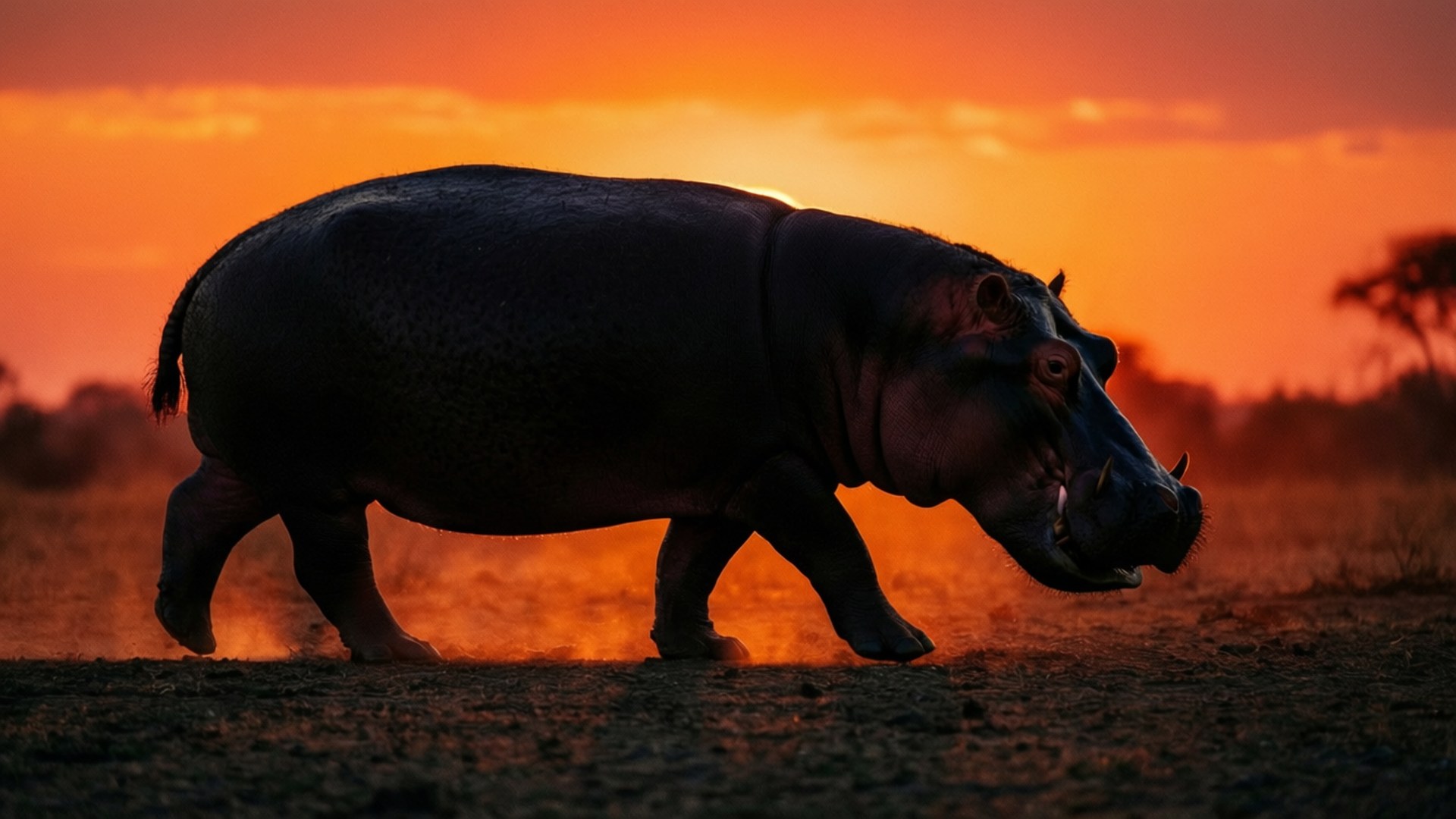 Hippopotamus 桌布 壁紙 — 一頭河馬的剪影在塵土飛揚的平原上大步前行，夕陽以火熱的橙色和紅色色調落下。