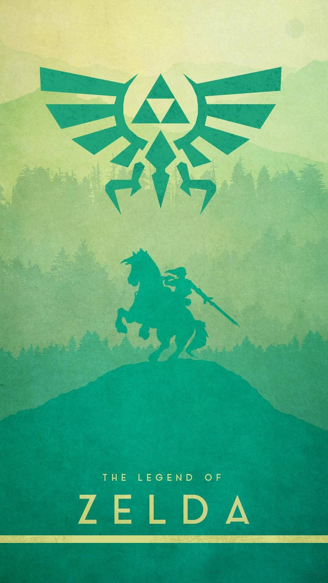 在薩爾達遊戲藝術中，騎士騎在馬上，站在山頂上，下方是三角力量符號。