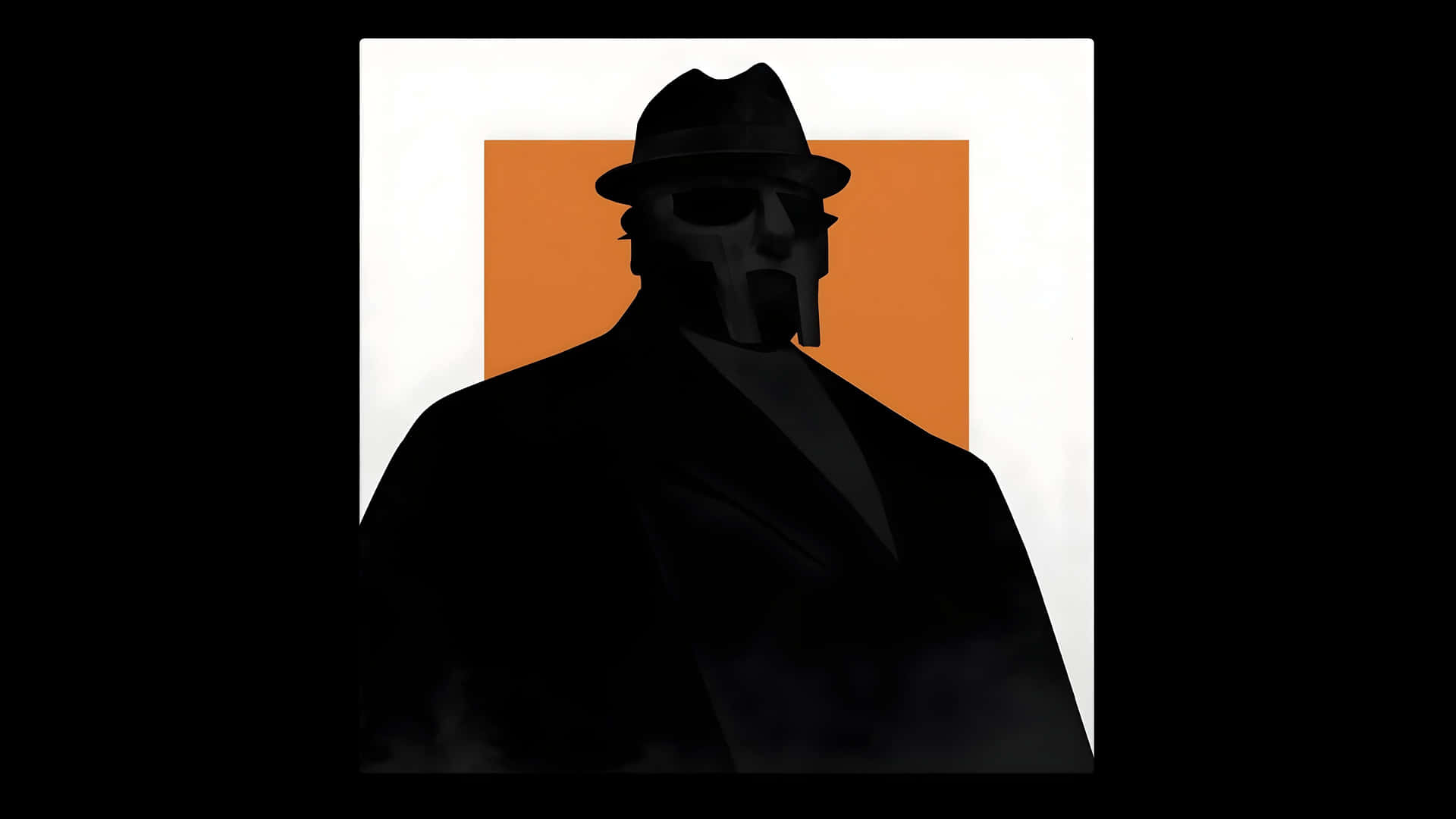 壁紙 — 一個戴著紳士帽和 trench coat 的男人的鮮明剪影，站在一個由白色和黑色框著的醒目橙色正方形前。