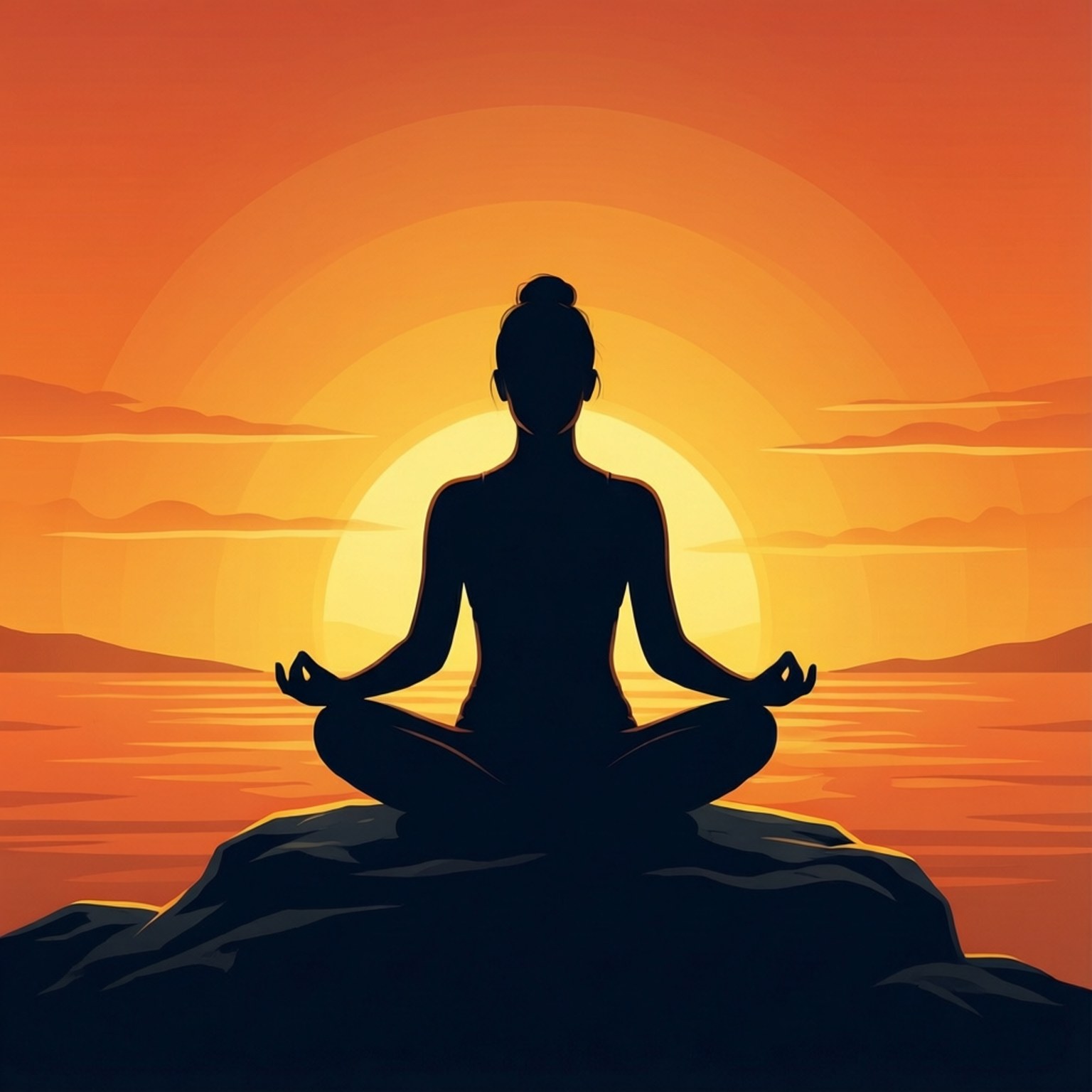 Sunrise Meditation Silhouette 壁紙 — 一個人在日落時分盤腿坐在岩石上冥想，天空呈現溫暖的橙色和黃色漸變。