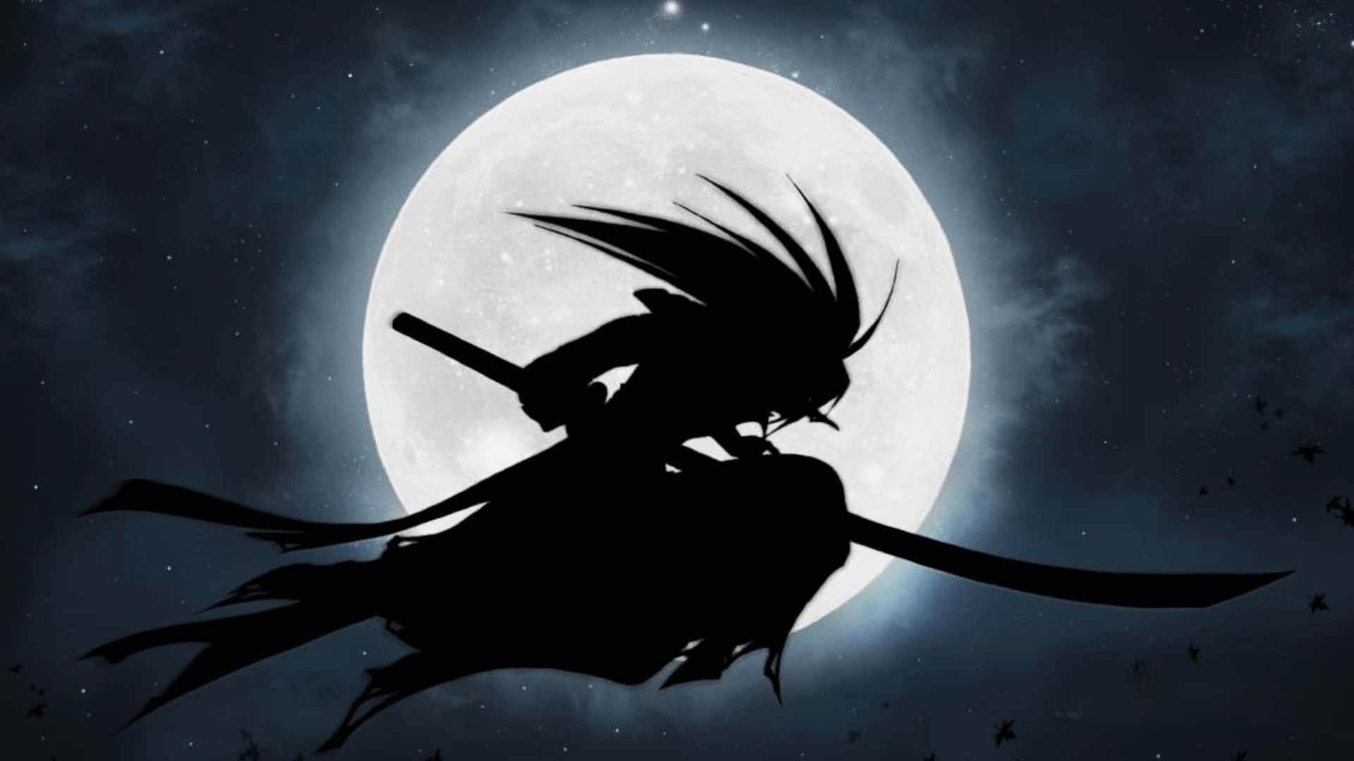  壁紙 — 武士剪影，長髮飄逸，手持武士刀，映襯著星光閃爍的夜空中發光的滿月。