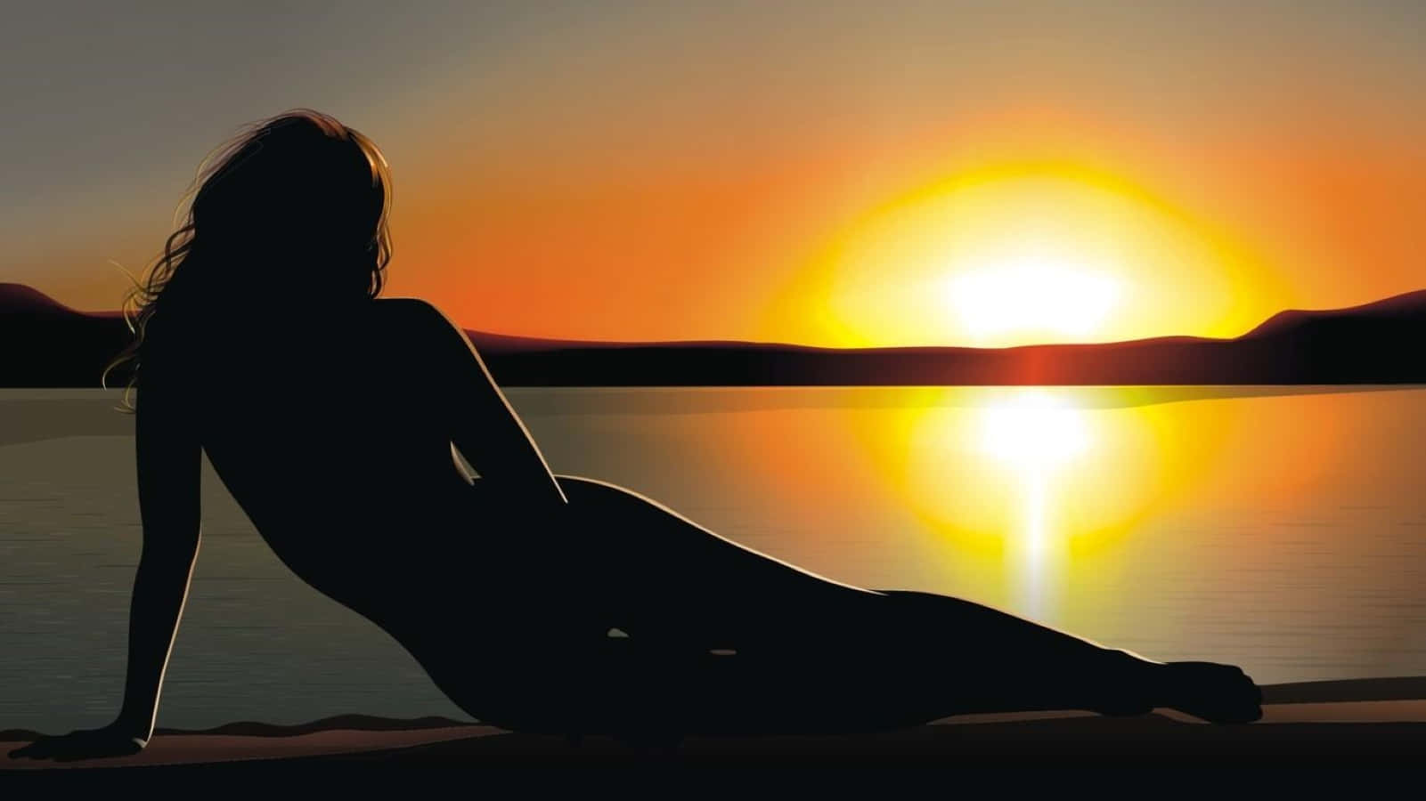 Sunset Silhouette 桌布 壁紙 — 一個女人的剪影在水邊休息，而充滿活力的夕陽在遠處的山丘後落下。