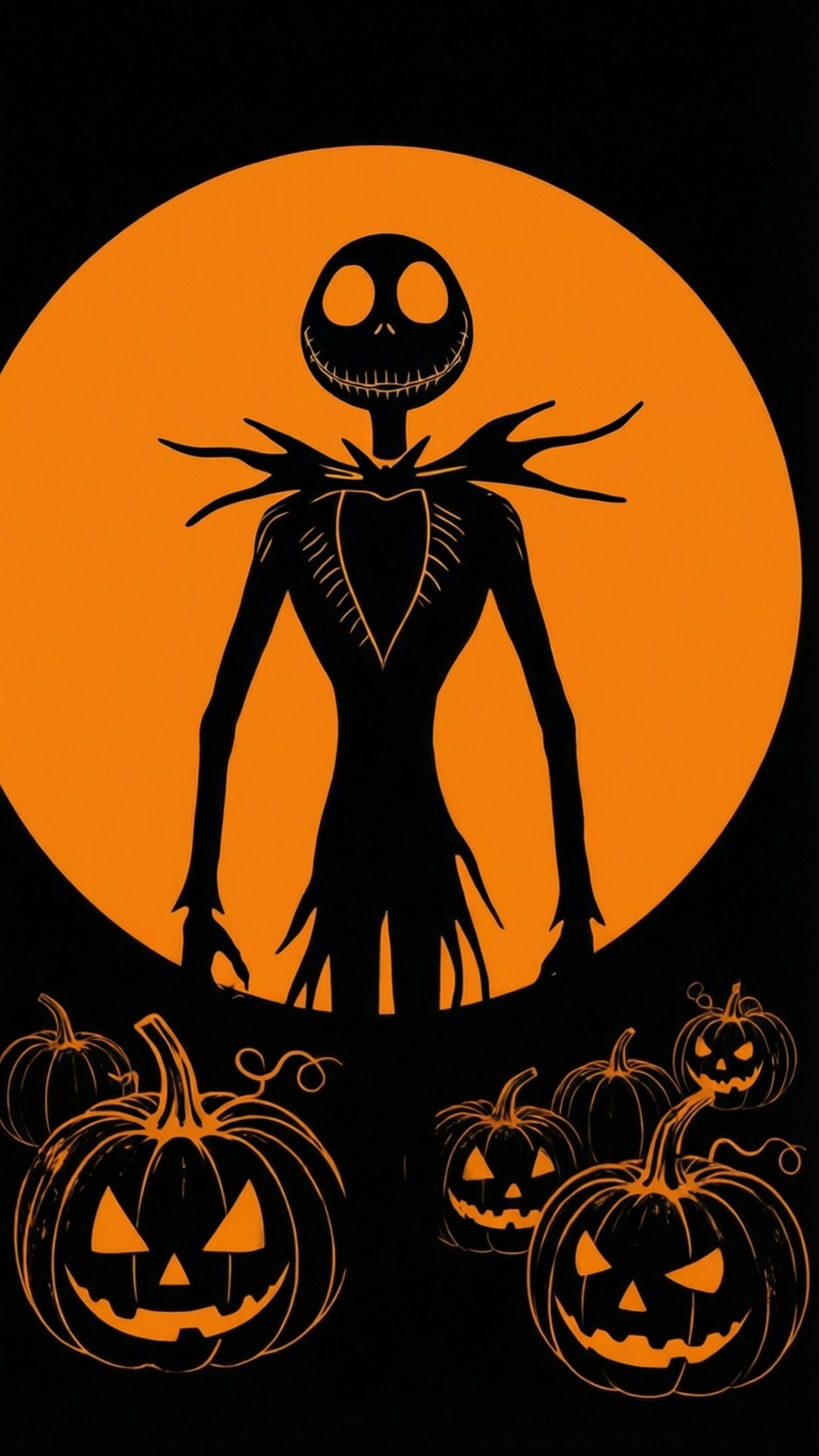 jack skellington 桌布 壁紙 — 傑克·斯凱林頓的剪影站在一個發光的橙色月亮前，周圍是雕刻的南瓜。
