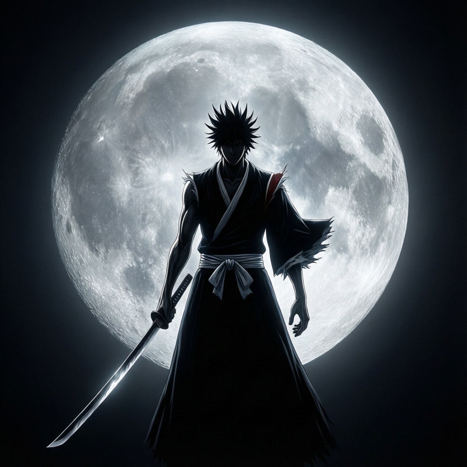 黑髮武士在夜間手持劍，背後是發光的滿月