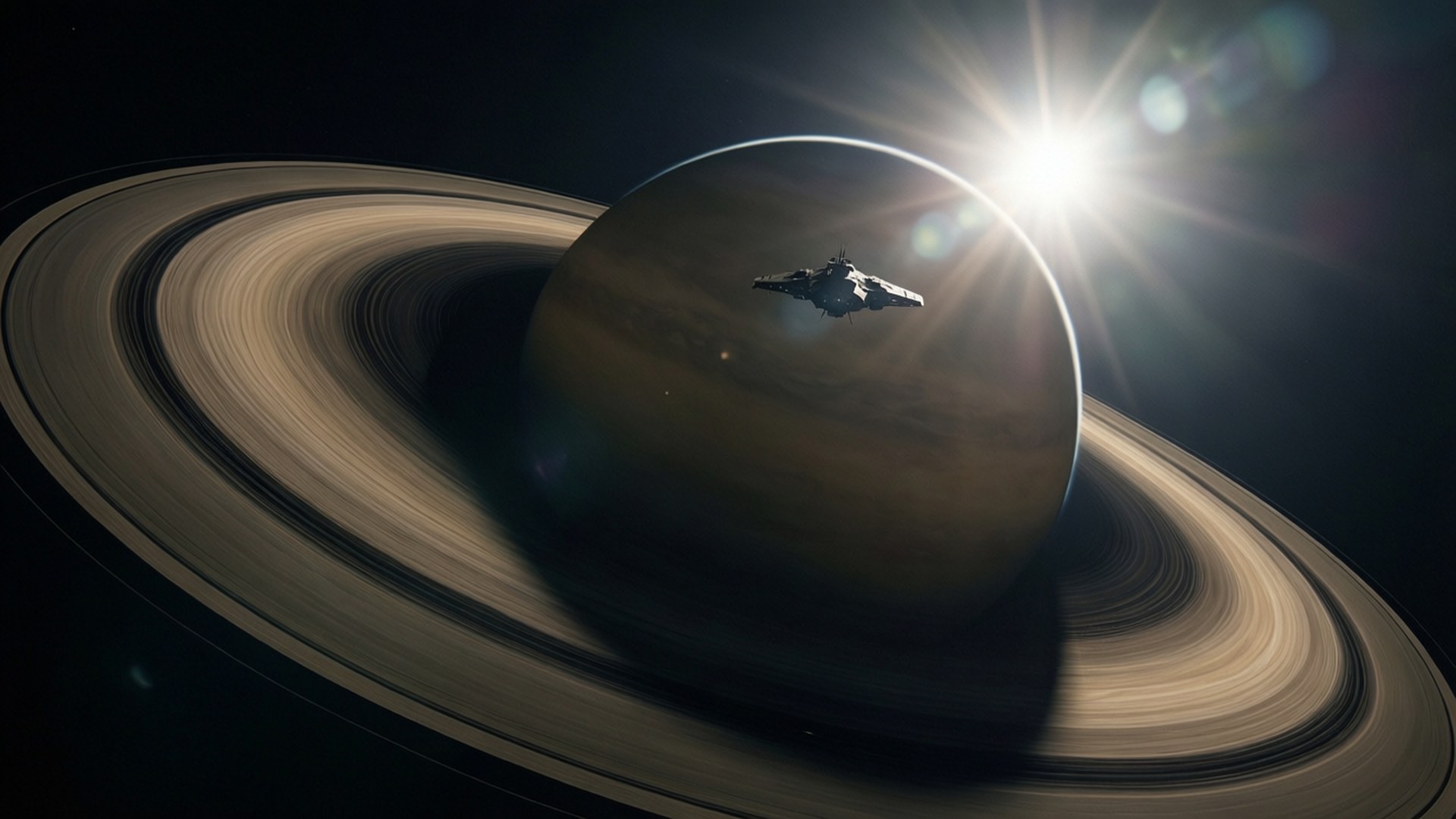 流線型太空船在帶環行星附近飛行，背後有明亮的太陽