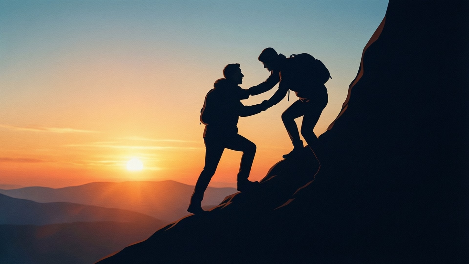 兩名登山者在日落時互相幫助攀登高山。