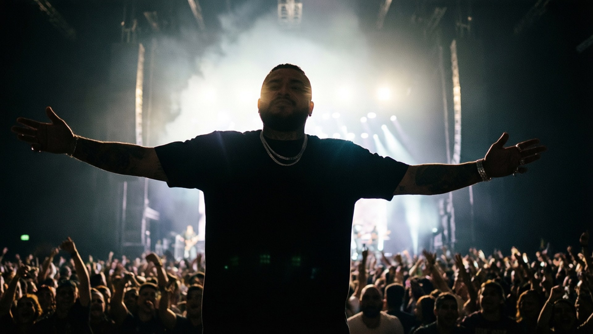 farruko 桌布 壁紙 — 一個剪影表演者張開雙臂站在舞台中央，沐浴在明亮的聚光燈下，而充滿活力的觀眾在下方舉起雙手。