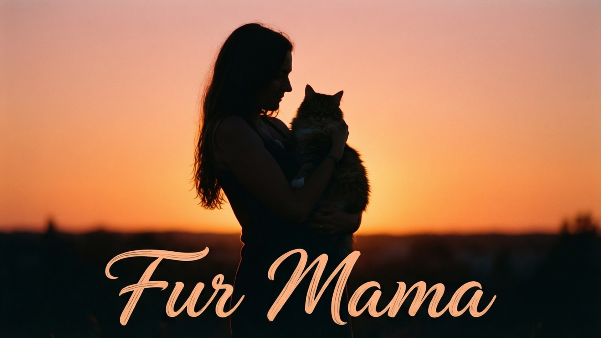 女人在日落時抱著貓咪，帶有「Fur Mama」文字