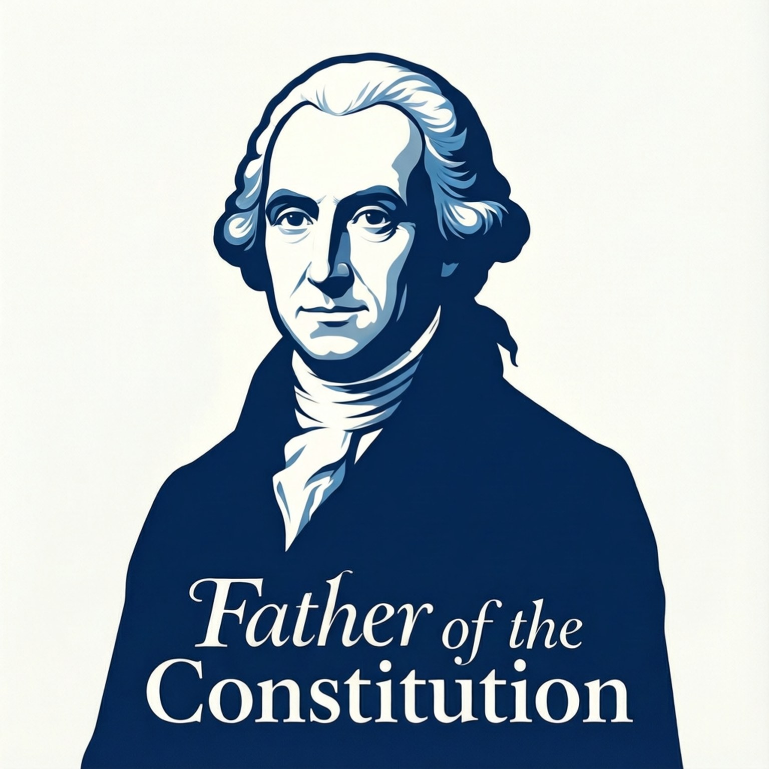詹姆斯·麥迪遜的肖像，藍白風格，標有「Father of the Constitution」。
