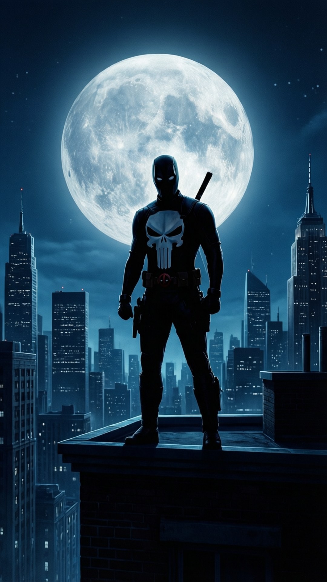 Punisher 在滿月下站在屋頂上，背後是城市天際線。