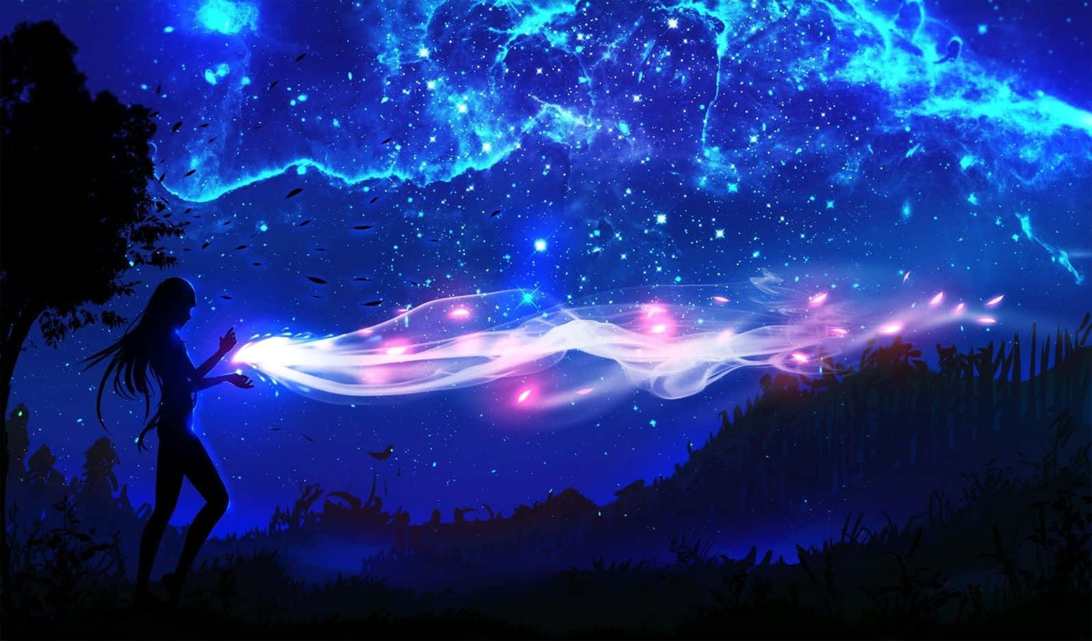  壁紙 — 一個剪影人物在充滿宇宙雲層的鮮豔藍色星空背景下釋放出發光的粉紅色和白色魔法流。