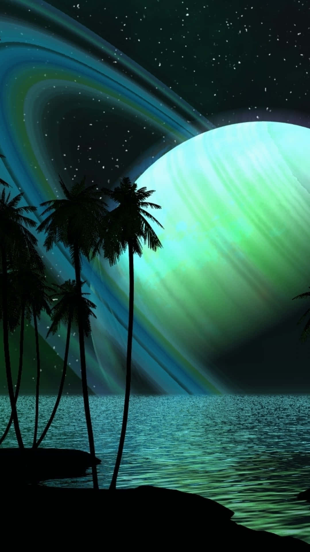 棕櫚樹剪影襯托著一顆發光的外星行星，帶有環和極光，夜晚的海洋上方。